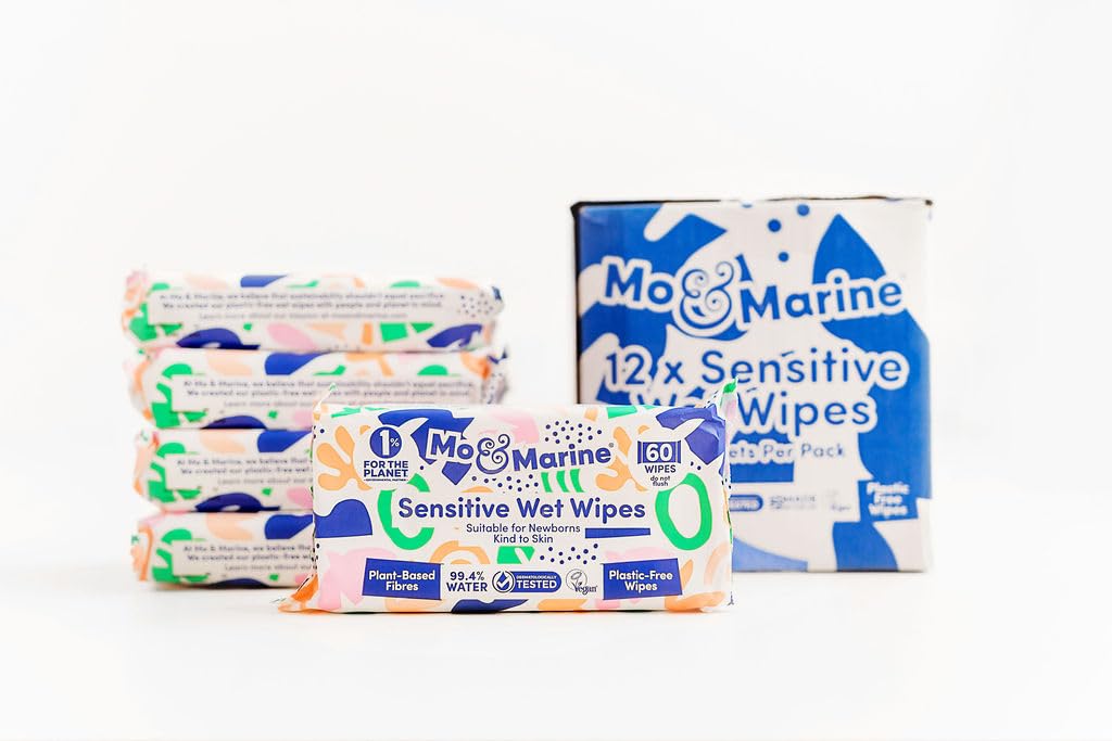 Mo & Marine Sensitive Wet Wipes, Box of 12 Packs (720 Wet Wipes), Plant-Based Fibres, Plastic-Free, Suitable for Newborns, Suitable for Sensitive Skin, 99.4% Water, Biodegradable, FSC-Certified, Vegan