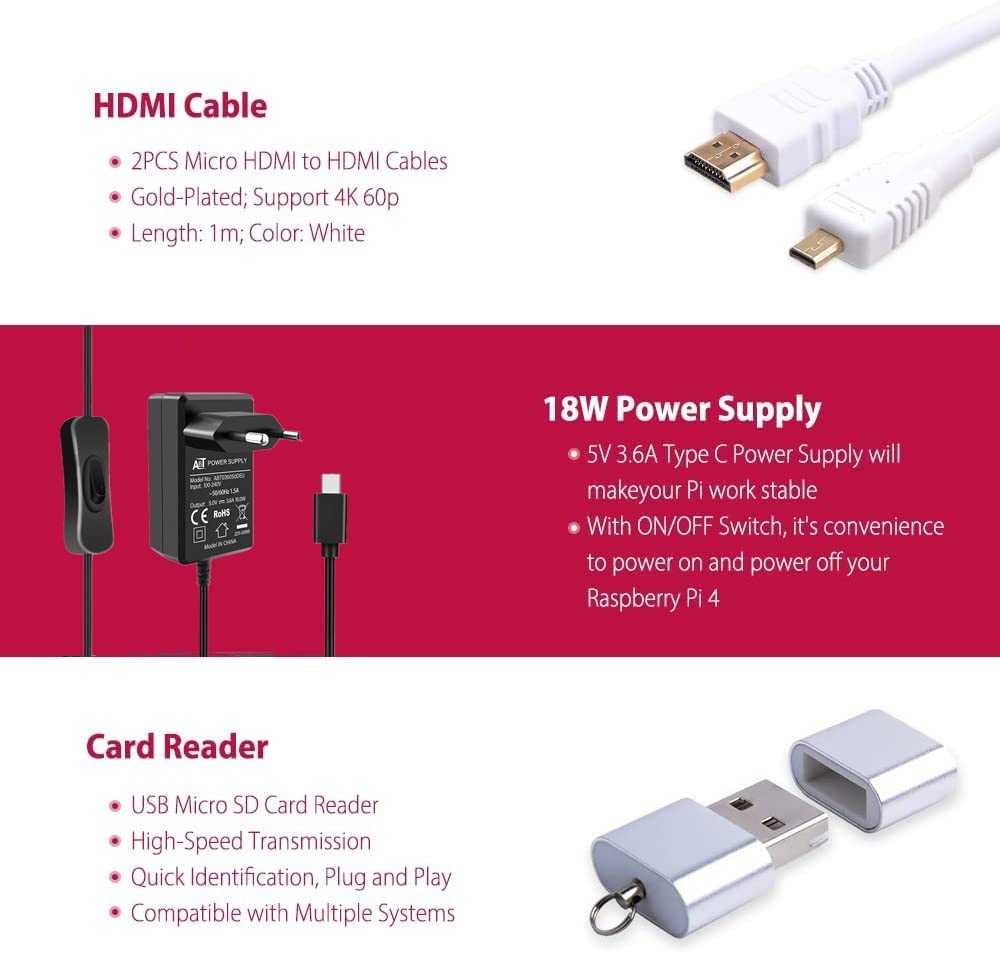 GeeekPi Raspberry Pi 4 8GB Complete Starter Kit (8GB RAM + 64GB SD Card), ABS Case with PWM Fan, 5V 3A Power Supply with ON/Off Switch, 2pcs HDMI Cables for Raspberry Pi 4B — view 5