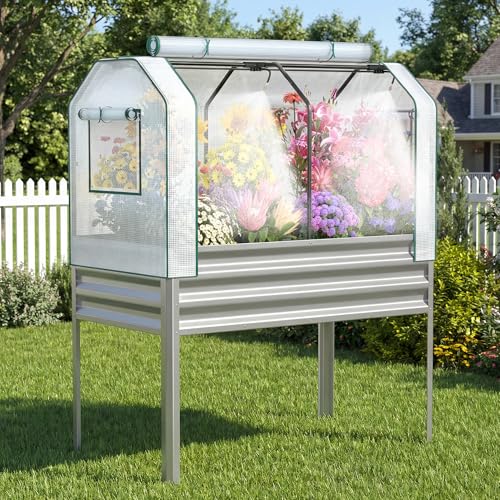 Lineware Galvanized Raised Garden Bed with Self-Watering System Elevated Planter Boxes Outdoor with Legs and PE Cover for Vegetables and Flowers Backyard Patio Balcony 48x24x56 in
