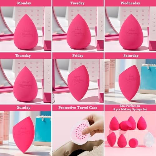 Image of Real Perfection Makeup Sponge Set Blender Sponges, Latex-Free Beauty Makeup Sponges 7 pcs with 1 Travel Container Case for Blending Foundation Liquid Cream and Powder (Rose Red)