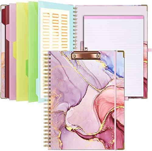 Ospelelf Clipboard Folio with Notepad for Letter Size, Clipboard folder with storage, 5 Folders with 10 Pockets, Elastic closure and Pen Loop (Pink Marble)