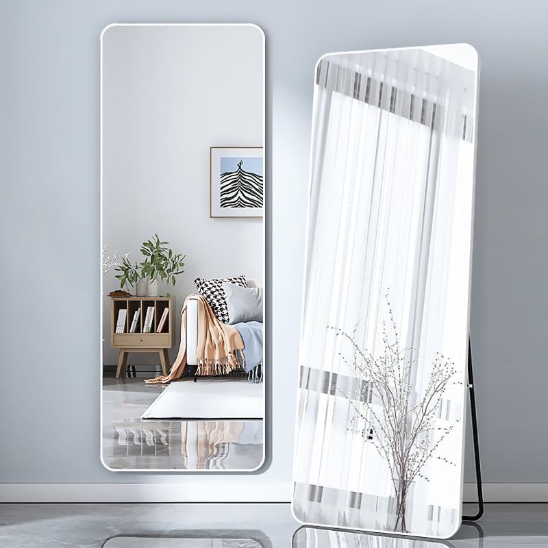 GHVALLY Full Length Mirror Aluminum Alloy Frame Large Standing Dressing Floor Mirror Hanging Leaning Against Wall Mounted Mirror with Stand for Bedroom Locker Room Living Room (White 40 * 150CM)