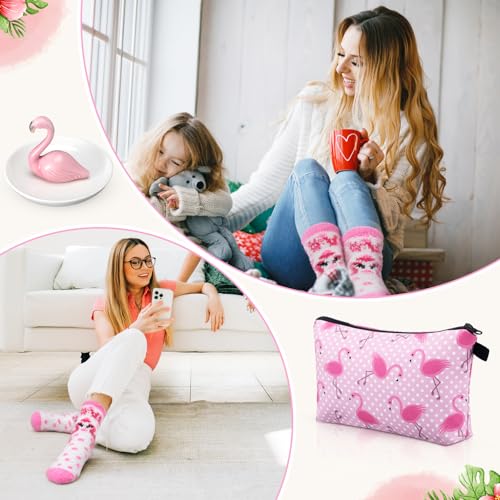 Image of Newtay 3 Pcs Animal Lover Gifts Set for Teacher Women Ring Holder Makeup Bag Fuzzy Socks with Grippers, Cute Gifts for Holiday Birthday(Flamingo)