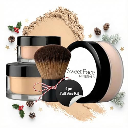 4pc Full Size Kit (Warm Shade) Mineral Makeup Matte Translucent Loose Foundation + Kabuki Brush + Concealer + Finishing Setting Powder + Bare Face Full Coverage SPF 30 All Skin Types Waterproof