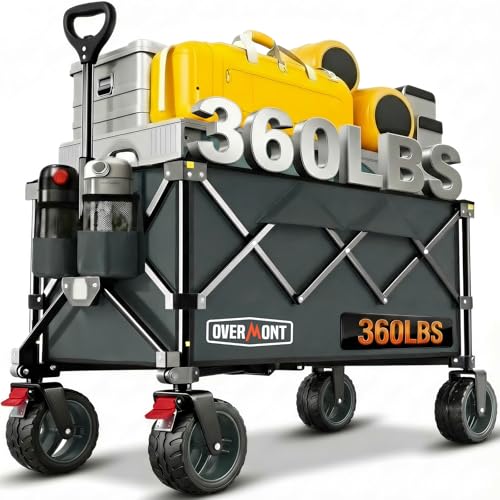 Overmont Carro Playa Plegable con Ruedas - Carrito de Jardín Todo 150L 150 kg con Todo-Terreno Desmontables Ruedas Grandes - Carros transporte plegable con Portavasos per Camping Compras Deportes Gris