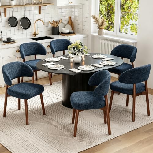 Image of MALOL 47 inch-63 inch Extendable Round to Oval Dining Table Chairs Set for 4-8, Modern Wooden Kitchen Table and Chairs with Hidden Storage and Fluted Design for Dining Room /Small Space(Black and Dark Blue)