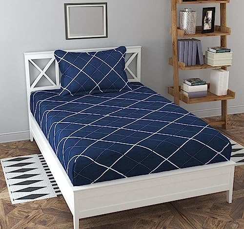 Image of KAWI Elastic Fitted BEDSHEET Single Bed 6X4 FEET(72X48X6 inch) Super Soft 250 TC Cotton Blend Superfine Fabric with 1large Size Pillow Cover, Blue Line Print, Blue Colour