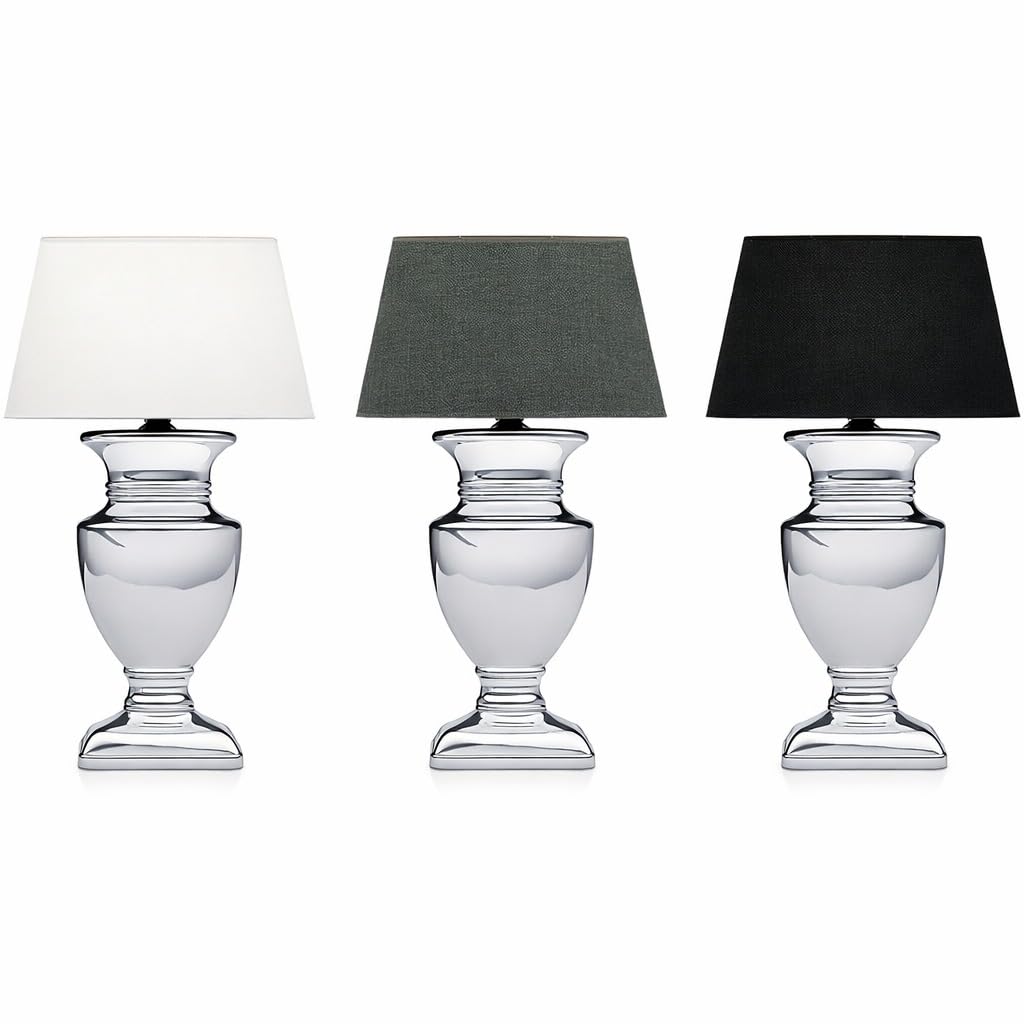 Tischlampe mit Schwarzem Stoffschirm & silbernem Keramikfuß – 53 cm Nachttischlampe mit Kabelschalter – Platzsparende Tischleuchte für Schlafzimmer, Wohnzimmer, Büro – Dekolampe E27, Leselampe
