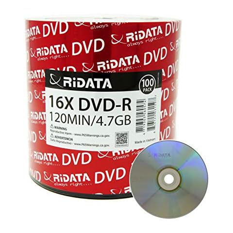 100 Pack Ridata DVD-R 16X 4.7GB 120 Min Silver Logo Top Blank Data Video Media Recordable Disc Cover