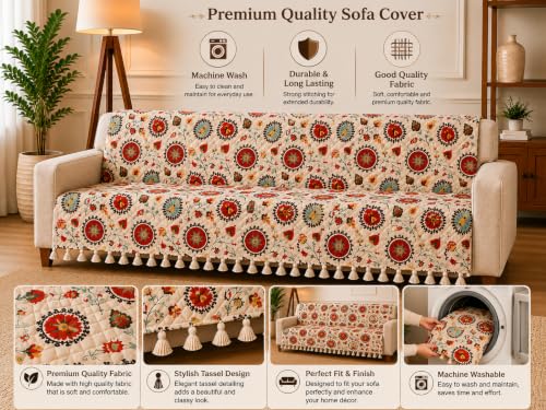 Image of Velvet Quilted Sofa Armrest Covers (Pack of 2) | Red Floral | Anti-Slip Soft Washable Arm Covers with Tassels | 24 x 27 Inches (Full)