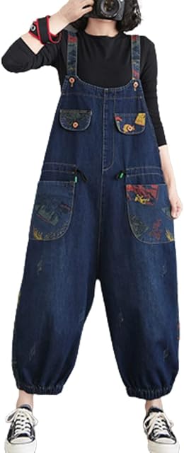 Women's Dungarees Vintage Printed Loose Casual Baggy Sleeveless Overall Long Jumpsuit Playsuit Trousers Pants Dungarees