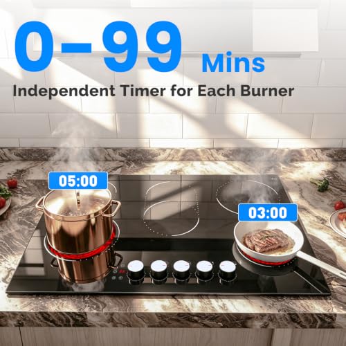 Image of Hobsir 30 Inch Electric Cooktop, 5 Burner 8400W Built-in Stovetop 240V | (29.13 inch x 20.47 inch) Knob & Touch Control, 9 Power Levels, 99-Min Timer, Safety Lock, Tempered Glass, All Cookware Compatible