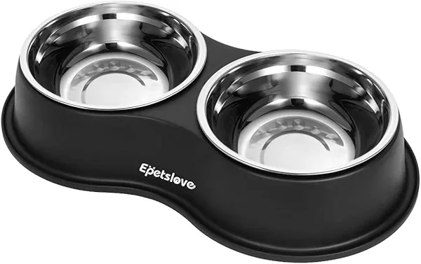 Epetslove Dog Bowls Double Dog Water and Food Bowl Stainless Steel Bowl with Non-Slip Resin Station, Pet Feeder Bowls for Puppy Medium Dogs Cats