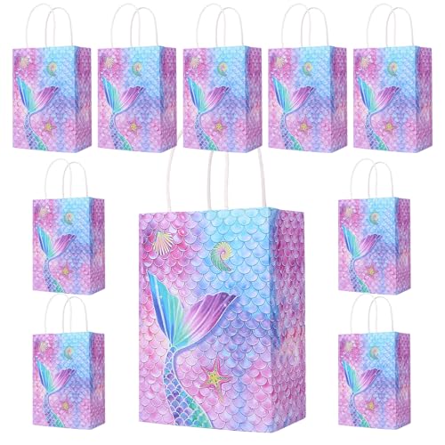 10 Stück Meerjungfrau Geschenktüten Bunte Papiertüten mit Henkel für Kindergeburtstag Mädchen Party Taschen Gastgeschenke Tüten für Mitgebsel & Deko