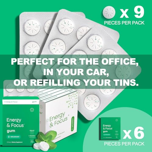 Image of Energy Caffeine Gum (54 Pieces) - Sugar Free with L-theanine + Natural Caffeine + Vitamin B12 & B6 - Nootropic Energy & Focus Supplement for Women & Men - Keto & Vegan, Spearmint Flavor