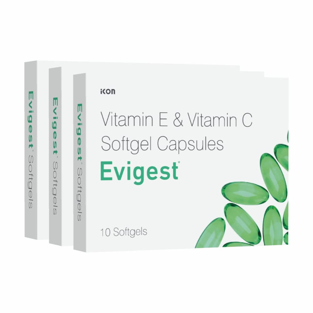 Evigest Softgel 10 Capsules | Enchirched with Vitamin C & Vitamin E (Pack of 3 (30 Capsuels))