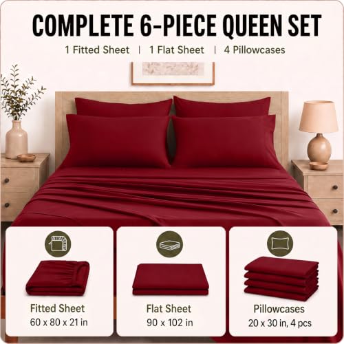 Image of CozyLux 6-Piece Queen Sheet Set, Fits 18-21 Inch Mattresses, Oeko-TEX | 4 Pillowcases, 1 Flat Sheet and 1 Fitted Sheet with All-Around Elastic and 21-Inch Deep Pocket for a Secure Fit, Dark Red