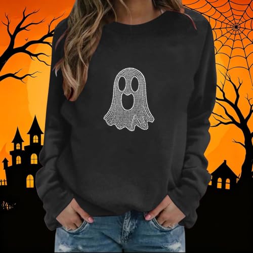 Women Halloween Rhinestone Ghost Sweatshirt Loose Fit Crewneck Pullover - image 2