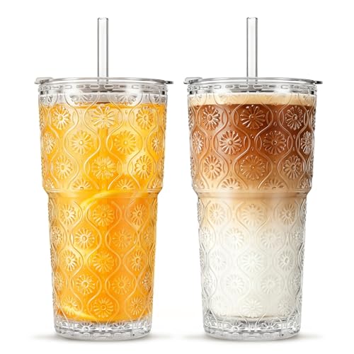 Image of INSETLAN 20oz Begonia Flower Glass Tumbler Set of 2 - Thickened Glass Cups with Lids and Glass Straws for Iced Coffee, Smoothies, Milk, Water, and More - Elegant& Durable Drinkware