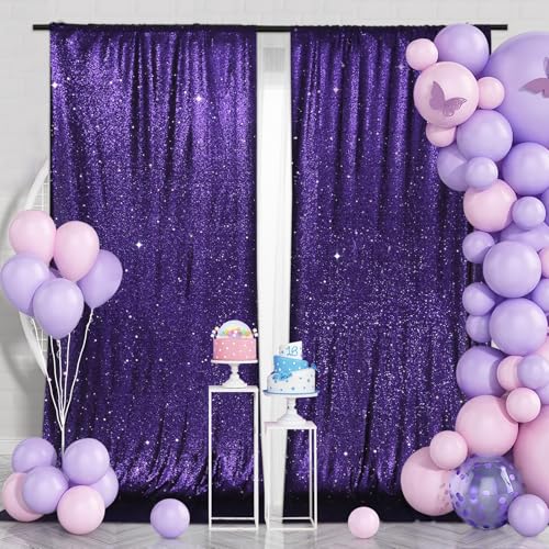 Image of PartyDelight Purple Sequin Backdrop Curtains 5x10ft 2 Sparkly Panels | 4 Inch Rod Pocket and stitched 3mm sequins support split hanging for prom and quinceanera celebrations