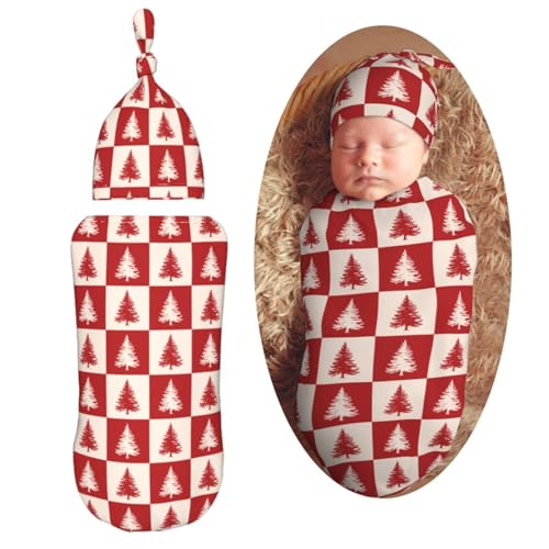 Image of Christmas Tree Red Buffalo Plaid Swaddle Blanket with Beanie Hat Set Newborn Swaddle Wrap Soft Baby Receiving Blankets Baby Swaddle Blanket for Baby Boys and Girls