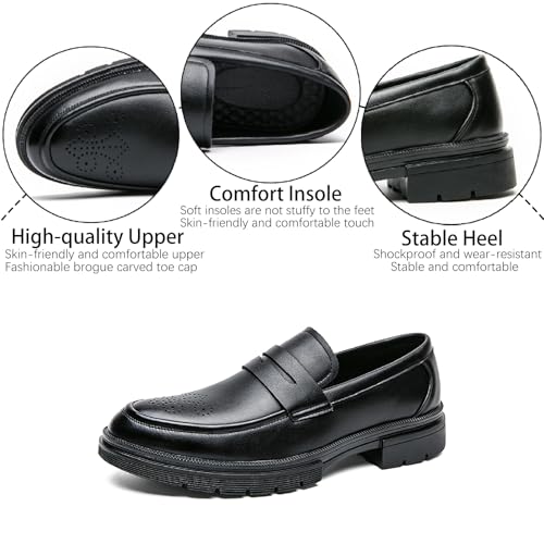 Men's Leather Brogue Platform Slip On Loafers Fashion Round Toe Chunky Heel Non-Slip Lug Sole Dress Shoes Casual Business Work Penny Loafers3