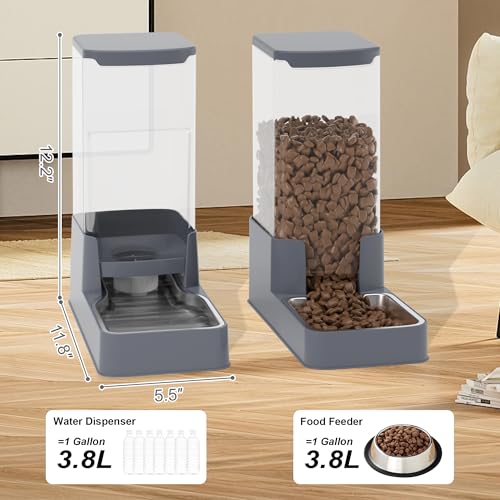 Stainless Steel Cat Feeder and Water Dispenser,Gravity Waterer & Food Feeder Set with Stainless Steel,Large Capacity Pet Food Bowl for Small Medium Dog Pets Puppy Kitten(Grey,1 Gallon) - Image 3