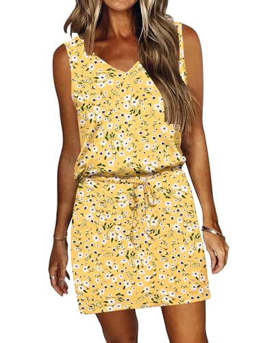 Image of AUSELILY Womens Summer Sleeveless V-Neck Drawstring Waist Beach Cover up Mini Short Swing Dresses with Pockets