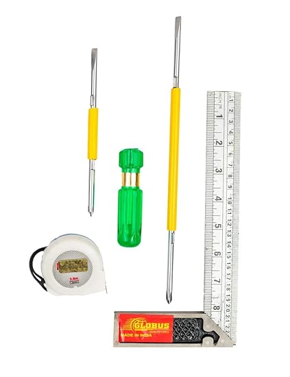 GLOBUS 352 - (Set of 4 Pcs) Try Square 8 INCH (200mm)/ Screw Driver 2 in 1 Flat+Star/Phillips Head (6 inch / 150mm) (8 inch / 200mm) Steel Rod x 9 cm Handle with Steel Measuring Tape 3 Mtr./120 inch