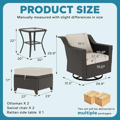 Image of 5 Pieces Patio Conversation Furniture Set - Swivel Chairs with Ottomans Set of 2, 1 Side Table, Outdoor Wicker Furniture Set with Washable Cushions for Porch, Balcony, Sunroom (Beige) | Patio Chair Set with Olefin Removable Cushion, All-Weather Glider Swivel Chair Set with Deep Seat for Porch, Deck, Beige