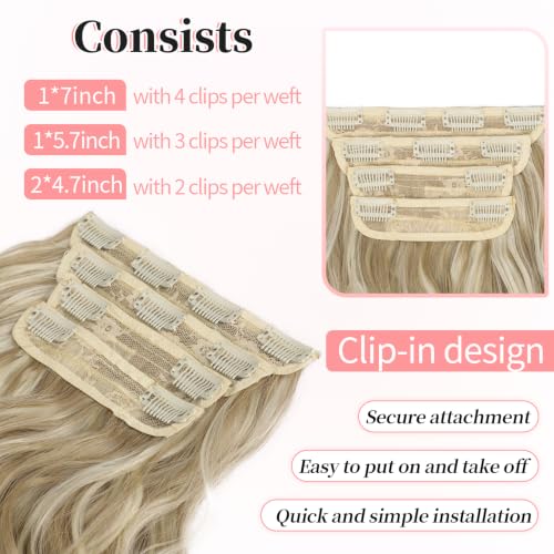 Image of KooKaStyle Wavy Thick Clip in Hair Extensions 24 inch Beach Blonde | 4 Pcs Clip in Extensions,Fiber Double Weft Hairpieces,Natural Volume,Beach Wave Long Synthetic Highlight Hairpieces for Women