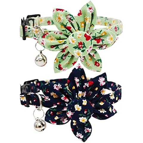Covoroza 2 Pack Breakaway Cat Collar with Flower and Bell Adjustable Floral Kitten Collars Quick Release Buckle Green and Navy Blue Cover