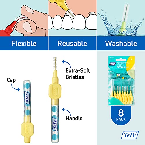 Image of TePe Interdental Brush Extra Soft, Supersoft Dental Brush for Teeth Cleaning, Pack of 8, 0.7 mm, Medium Gaps, Yellow, Size 4 | Effective cleaning between teeth, Plaque remover, for Sensitive gums and teeth, Brush for small gaps