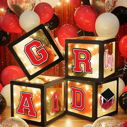 Image of Party Spot!2026 Red and Black Graduation Party Decorations,124 PCS Graduation Decorations Class of 2026,4 PCS Balloons Boxes with LED Light String & Letters 2026 GRAD So Proud of You