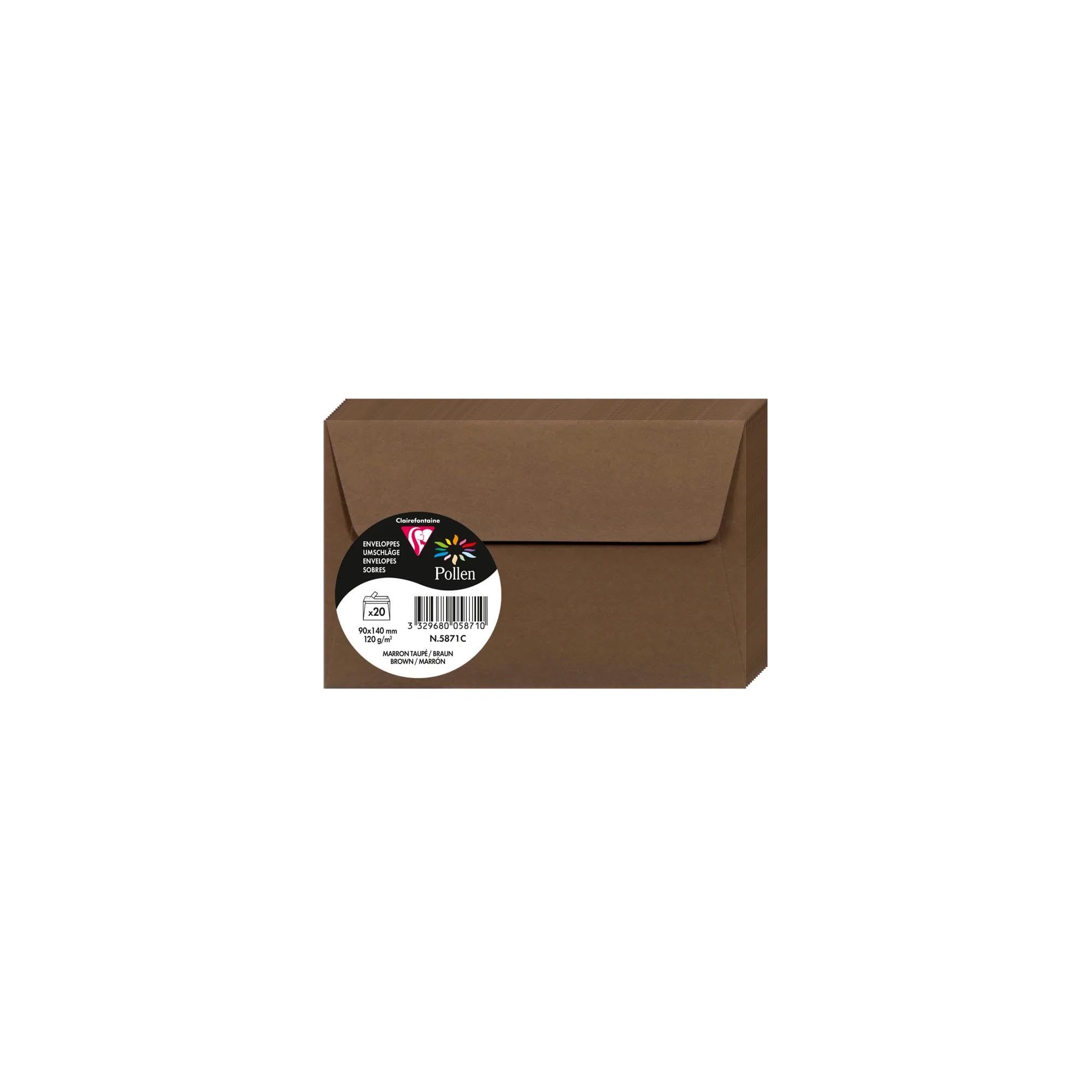 Clairefontaine 5871C Pack of 20 Self-Adhesive Envelopes Format 9x14cm 120g/m² Brown Invitation Events Correspondence - Range Pollen - Premium Smooth Paper