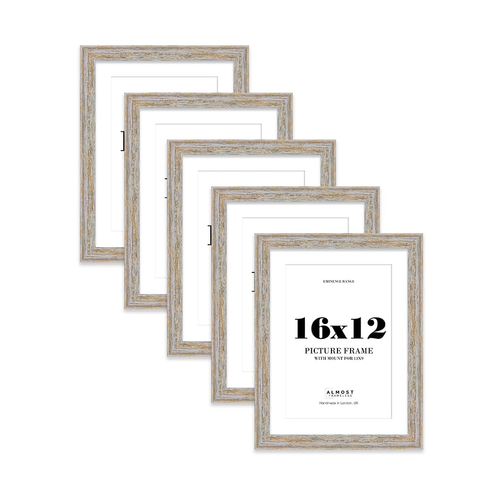 16x12" Walnut Woodgrain Picture Frame with 13x9" Mount - Shabby Chic Photo Frame with Distressed Finish, Wall Hooks, 32mm Edge - 5 Pack