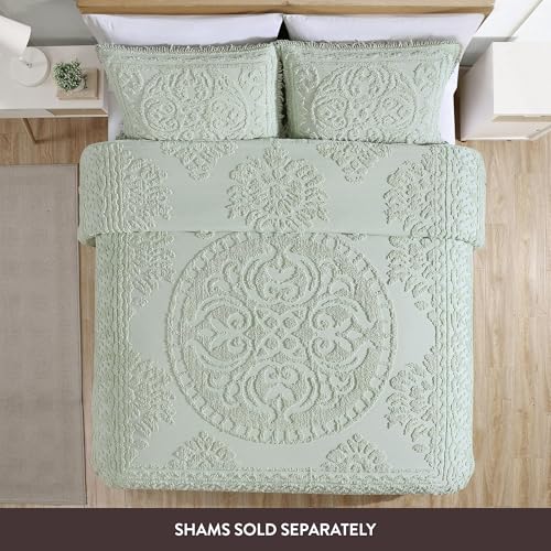 Image of Beatrice Home Fashions Medallion Cotton Chenille Bedspread, Sage, Queen (Pack of 4)
