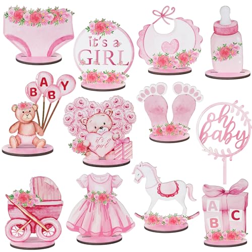 OurWarm 12 Pcs Pink Baby Shower Decorations for Girl, Wooden Baby Shower Centerpieces for Tables Girl, Floral It's a Girl Gender Reveal Baby Shower Table Decorations for Girls Party Birthday Favors