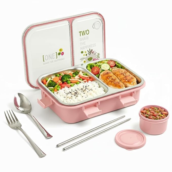 Image of Brand Conquer Lunch Box Leak-Proof BPA Free Stainless Steel for School, Lunch Box for School & Office with a Fork, a Spoon and a Pair of Chopsticks (Classic Pink, Happiness Lunch Box 2 Compartment)