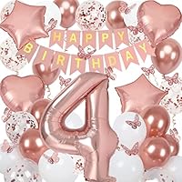 4th Birthday Decorations for Girls, Rose Gold 40 Inch Age 4 Foil Balloons with Happy Birthday Banner and Butterfly Stickers, for Baby Shower, Girls Women Party Decorations