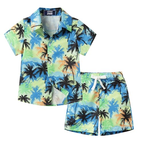 Image of LittleSpring Boys Summer Outfits Button Down Short Sleeve Hawaiian Shirts and Shorts Set