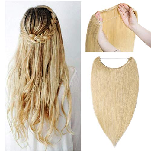 Hidden Invisible Crown Flip on Human Hair Extension One Piece Secret Miracle Wire in Hairpieces No Clip No Tape in Remy Hair Translucent Fish Line Headband 60g 16''/16inch #613 Bleach Blonde