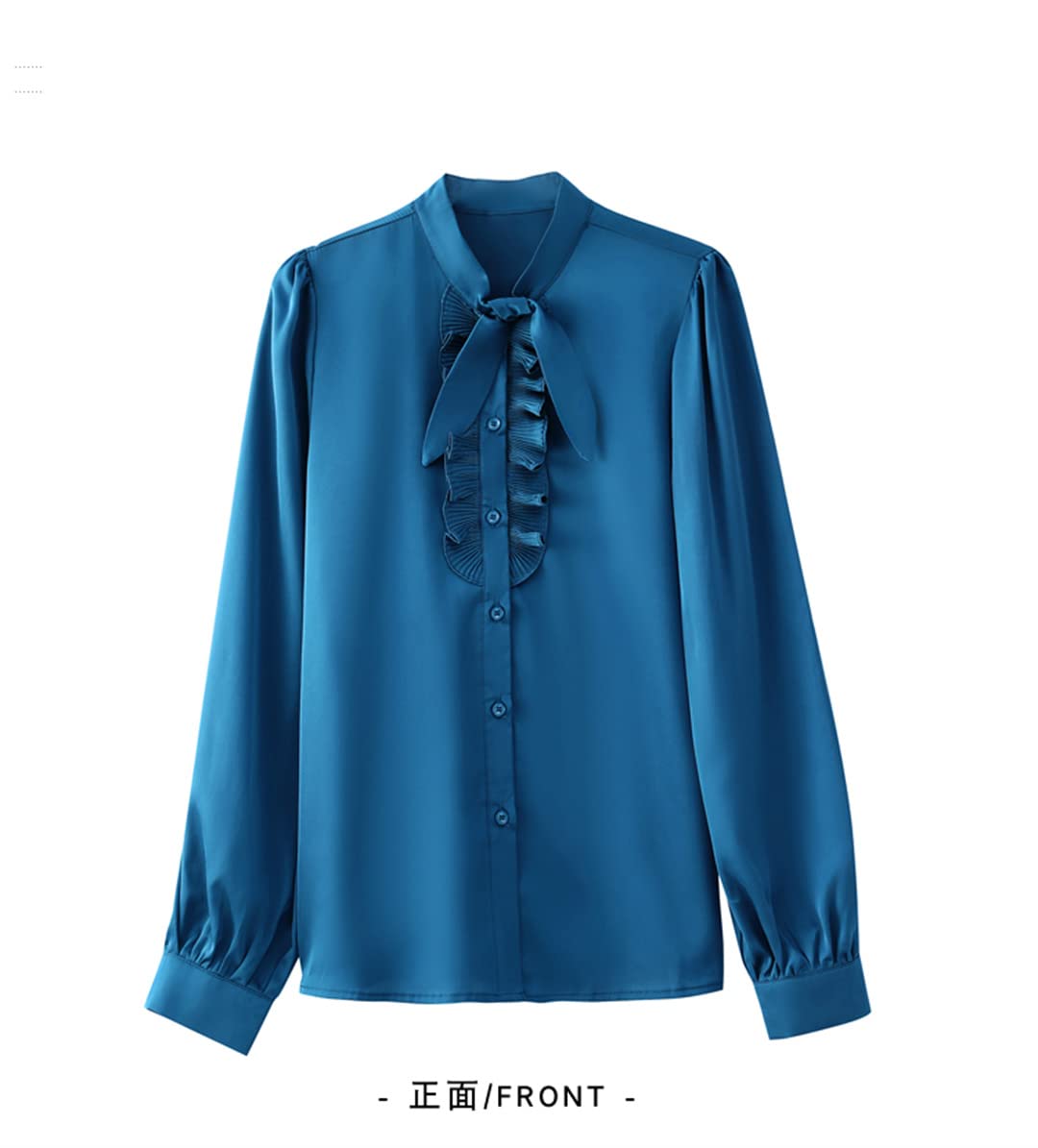 Blusa de satén de Seda con Cuello de Lazo en la Parte Delantera con Volantes para Mujer Camisas de Oficina de Manga Larga de Primavera para Mujer Pic-4 L
