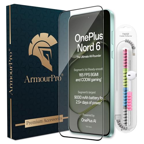 Image of ArmourPro Military-Grade Tempered Glass for OnePlus Nord 6-9H Anti Scratch, Edge-to-Edge Coverage, HD Clarity, Smooth Touch, Case Friendly, Easy Installation Kit with Cable Protector
