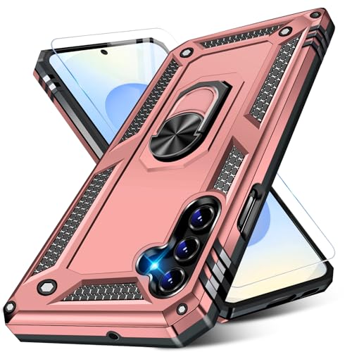 Image of Heavy Duty Case for Samsung Galaxy S25 Phone Case with Screen Protector, Military Grade Shockproof Rugged Protective Cover for Samsung S25, with Metal Ring Magnetic Kickstand (Pink)