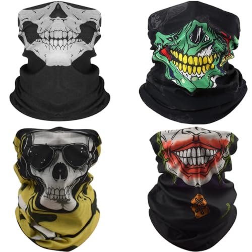 KUMSODE 4 Piezas Pasamontañas de Calavera, Braga Respirable de Poliéster para Cuello, Mascarilla Multifuncional para Adultos Moto/Esquí/Deporte/Ciclismo/Halloween Fiesta de Disfraz