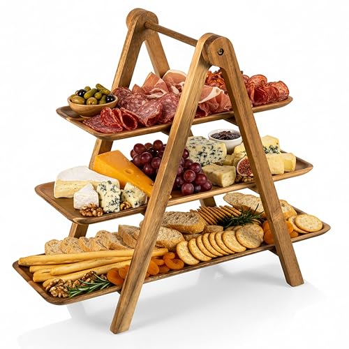 TOSCANA - A Picnic Time Brand 3 Tiered Serving Tray, Charcuterie Boards, Wood Serving Platters, (Acacia Wood)