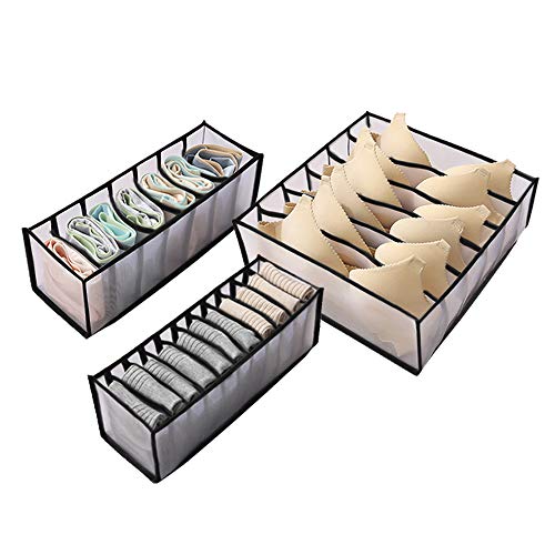 TAECOOOL Dreiteilige Unterwäsche-Aufbewahrungsfachbox, faltbarer Unterwäsche-Aufbewahrungsorganisator, Netzfachbox mit 6/7/11 Gitter, Geeignet für Unterwäsche-BH Höschensocken-Krawattenschal (Schwarz) Cover