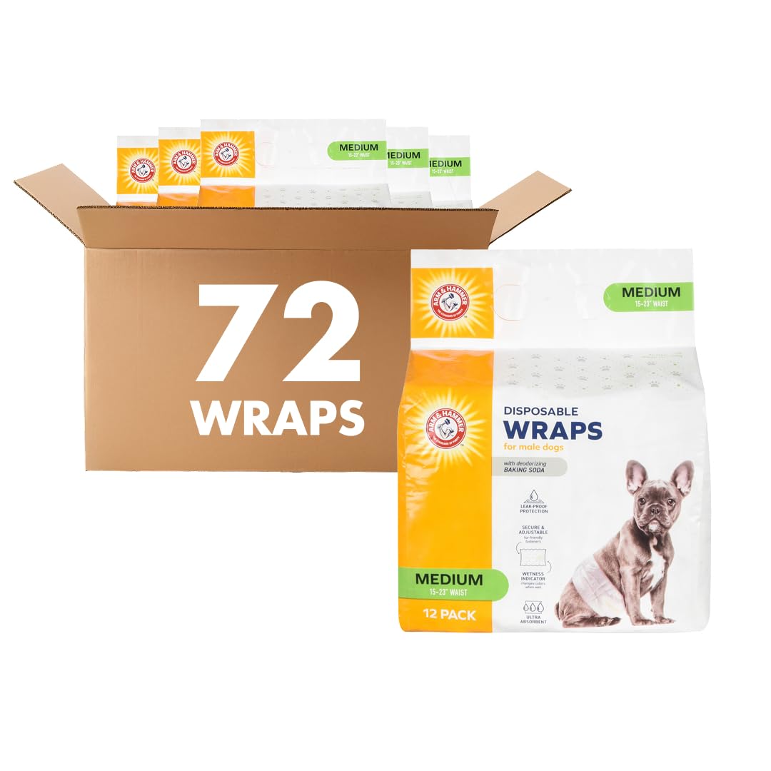Arm & Hammer Pañales para perros machos, ultraabsorbentes, ajustables, con protección a prueba de fugas e indicador de humedad (paquete de 6, 72 unidades en total)