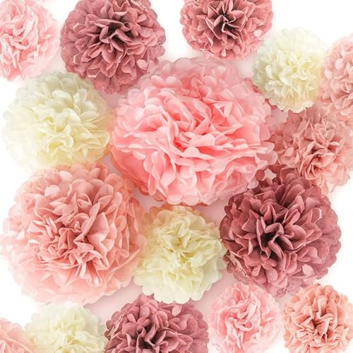 12 Stück Blush Rosa Roségold Hängende Papier Pompons Deko - Rosa Papierblumen Deko Hochzeit, Geburtstag, Bachelorette Party & Boho Dekorationen